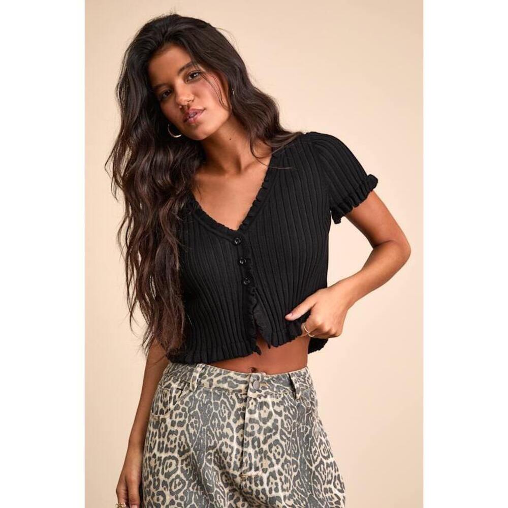 Lulus Keighlen Black Ribbed Ruffled Short Sleeve Sweater Top - Size S